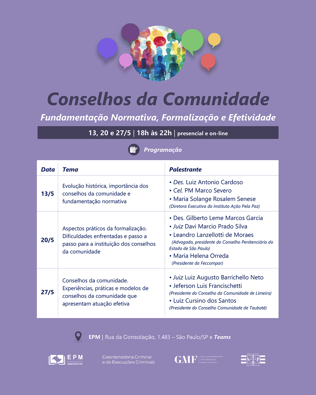 Cartaz do curso Conselhos da Comunidade com datas 13, 20 e 27 de maio