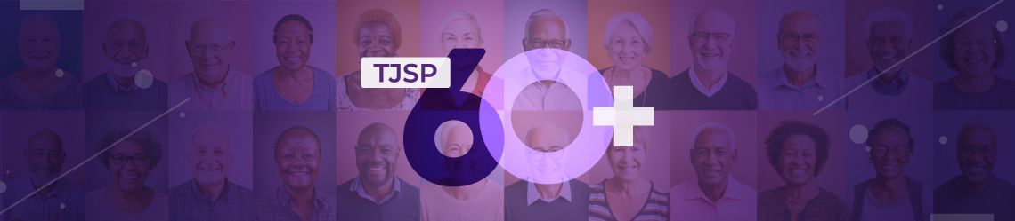 Banner com mosaico de rostos de pessoas idosas ao fundo e o texto 'TJSP 60+' em destaque, sobreposto por elementos gráficos em tons de roxo.